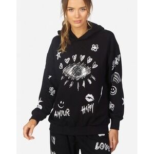 Lauren Moshi HARMONY DOODLE ELEMENTS Black Soft Pullover Hoodie Top Medium